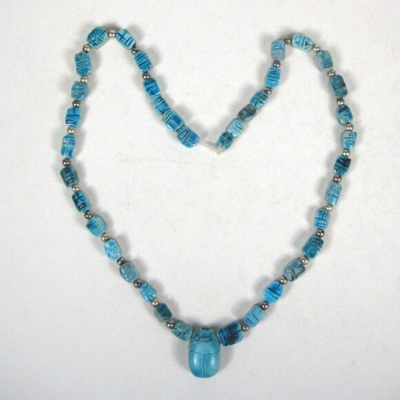 Egyptian Revival Scarab Faience Necklace Beaded Ceramic Vintage Pendant 29 READ - Picture 1 of 15
